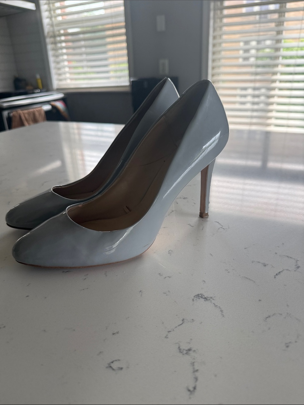 Zara Patent Leather Pointed-Toe Pumps - Light Gray